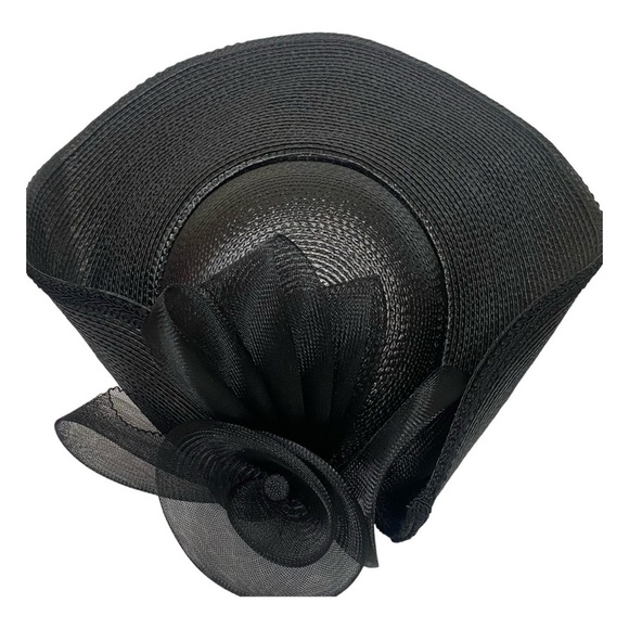 Vintage Women Black Wide Brim Spring Church Hat With Knit Bow and Black  Trim main image 7